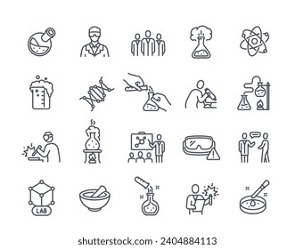 Conjunto de Iconos de Línea Relacionados con Productos Químicos. Equipo de laboratorio, científico, experimento científico, compuesto químico, matraz, muestra. Diseño del sitio web. Esquema de colección de vector simple aislada en fondo blanco