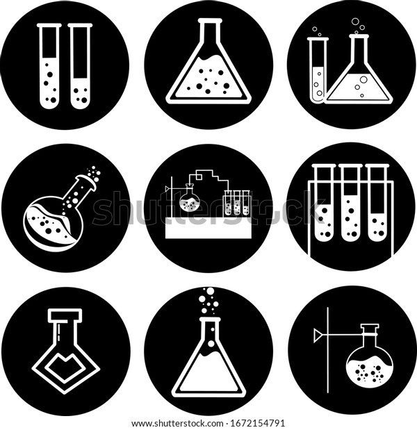 化学試験管の絵文字のアイコンのセット 実験室用のガラス器具またはビーカー装置 実験用のフラスク 最新のベクター画像 簡単なフラットイラスト ガラス化学 科学研究所用の実験室 のベクター画像素材 ロイヤリティフリー