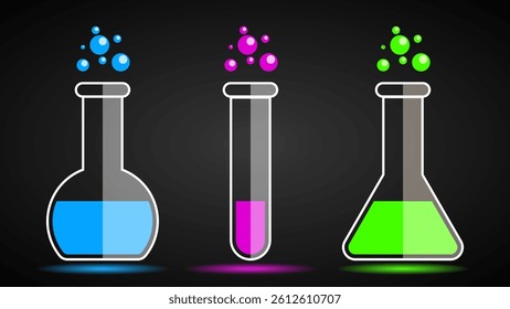 Set of Chemical test tubes and flasks with multi colored liquid isolated on a black background.
