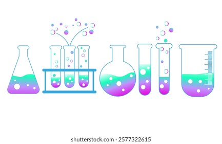 Set of chemical test tubes with luminescent liquid and bubbles