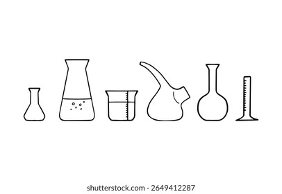 Conjunto de tubos de ensaio químicos. Desenho esquemático de esboço de equipamento de pesquisa de laboratório científico. Ilustração isolada de vetor