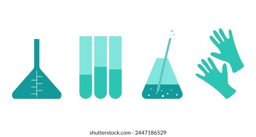 Set of chemical utensils: flasks, test tubes, medical gloves, flat style, isolated on white background. Vector design