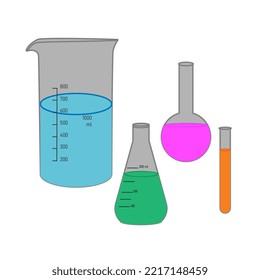 A set of chemical vials of different types. Test tube, flask, glass