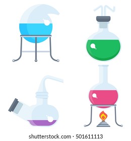 Set of chemilcal equipment. Test tube and flack, chemical burner, laboratory, liquid. Flat vector cartoon chemical illustration. Objects isolated on a white background.