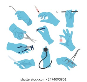 Set of Chemist or doctor hands in gloves hold lab beakers and flasks collection, Chemistry laboratory test tubes and science tools for experiment, Illustration of test-tube for pharmacology technology