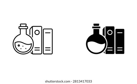 A set of chemistry beaker and textbook icons representing academic research and scientific study in an educational laboratory setting.