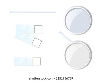 Set of chemistry or biology experimentation tools. Two variations of Petri dish, glass for microscope preparations. Vector illustration isolated on white