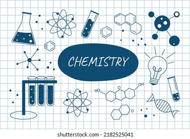 Set of chemistry. Collection of minimalistic stickers for social networks. Chemical formulas, reagents and substances, molecules. Cartoon flat vector illustrations isolated on checkered background