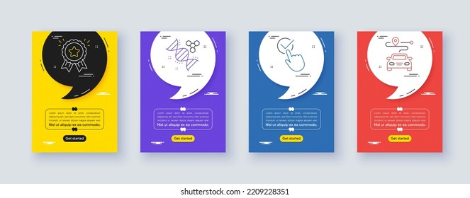 Set of Chemistry dna, Loyalty award and Checkbox line icons. Poster offer frame with quote, comma. Include Journey icons. For web, application. Chemical formula, Bonus medal, Approved. Vector