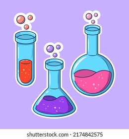 Set of Chemistry Flask Hand Drawn Cartoon Sticker Doodle Icon