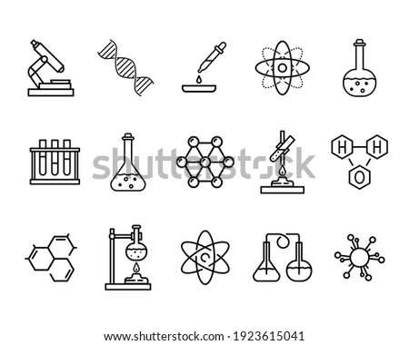 Set of chemistry flat icons. Pictogram for web. Line stroke. Sience symbols isolated on white background. Vector eps10