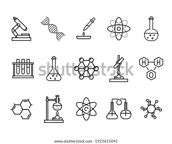Set of
chemistry flat icons. Pictogram for web. Line stroke. Sience
symbols isolated on white background. Vector
eps10