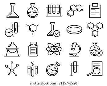 Juego de iconos planos de química. Pictograma de laboratorio de ciencia para web. Icono de línea. Símbolos labaratorios químicos aislados sobre fondo blanco. Vector eps10