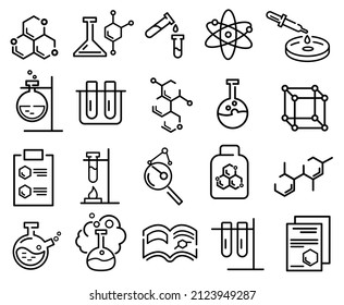 Set of chemistry flat icons. Science lab pictogram for web. Line stroke. Chemical labaratory symbols isolated on white background. Vector eps10