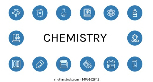 Set of chemistry icons such as Scientific, Radioactive, Chemistry, Physics, Dropper, Blister pack, Test tube, Hormones, Medicine, Pharmacy, Pills, Scientist , chemistry