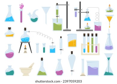 Set von Chemie-Labor und Diagrammen Symbole, die verschiedene Experimente zeigen. Symbol für Entdeckung und Chemie.