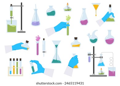 Conjunto de iconos de laboratorio de química y diagramas que muestran diversos experimentos. Símbolo de descubrimiento y química.