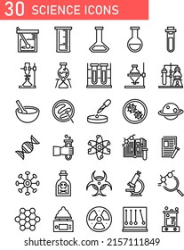 set of Chemistry lab line icons. Chemical formula, Microscope and Medical analysis. Laboratory test flask, reaction tube, chemistry lab icons. Linear set. Vector
