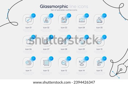 Set of Chemistry lab, Microphone and Yoga line icons for web app. Cloud protection, Employees teamwork, Reminder icons. New products, Project deadline, Fake news signs. Square area. Vector
