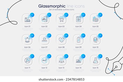 Set of Chemistry lab, No smoking and Online storage line icons for web app. Uv protection, Cash back, Bike app icons. Shopping rating, Prohibit food, Launder money signs. Glassmorphism buttons. Vector