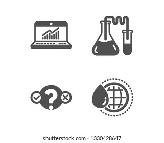 Set of Chemistry lab, Online statistics and Quiz test icons. World water sign. Medical laboratory, Computer data, Select answer. Aqua drop.  Classic design chemistry lab icon. Flat design. Vector