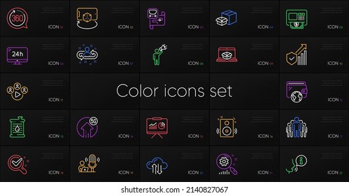 Set of Chemistry lab, Recruitment and 360 degrees line icons. Include Packing boxes, Atm, Group icons. Oil barrel, Brand ambassador, Presentation web elements. Speakers, Metro map, 5g upload. Vector
