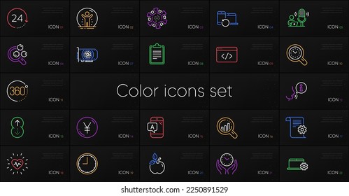 Set of Chemistry lab, Seo script and Ab testing line icons. Include 24 hours, Technical documentation, Coronavirus icons. Recovered person, Safe time, Clipboard web elements. Eco food. Vector