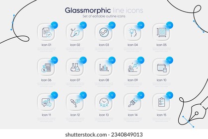 Set of Chemistry Labor, Square Area and Account Line Icons für Web App. Compliance, Musik, Pinselsymbole. Chemie-Pipette, Finanzrechner, Buchhaltungszeichen. Checkliste, Idee, Sitzungszeit. Vektorgrafik