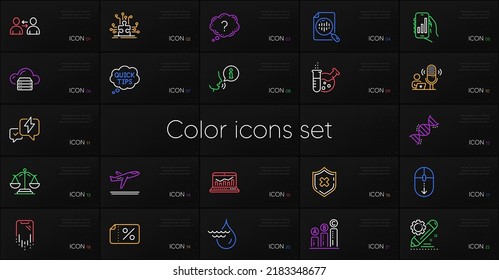 Set of Chemistry lab, Web analytics and Cloud server line icons. Include Discount banner, Puzzle options, Lightning bolt icons. Quick tips, Hydroelectricity, Question mark web elements. Vector