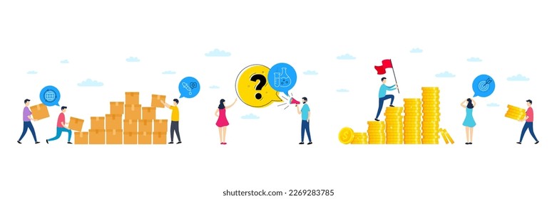 Set of Chemistry pipette, Chemistry flask and Globe line icons. People characters with delivery parcel, money coins. Include Target purpose icons. For web, application. Vector