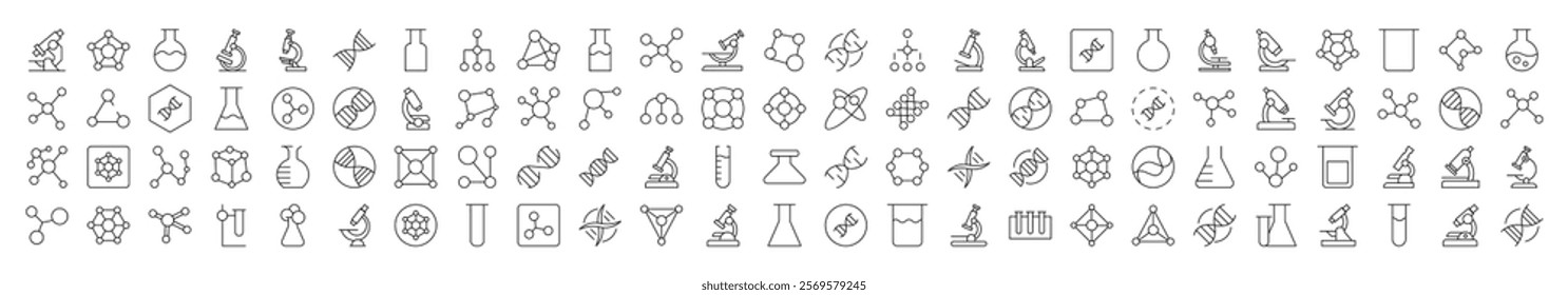 Set of Chemistry Related Line Icons. Editable Stroke for Design, Web Sites, Apps, Cards. Contains Linear Images of Chemical Compound, Laboratory Bulbs, Atom