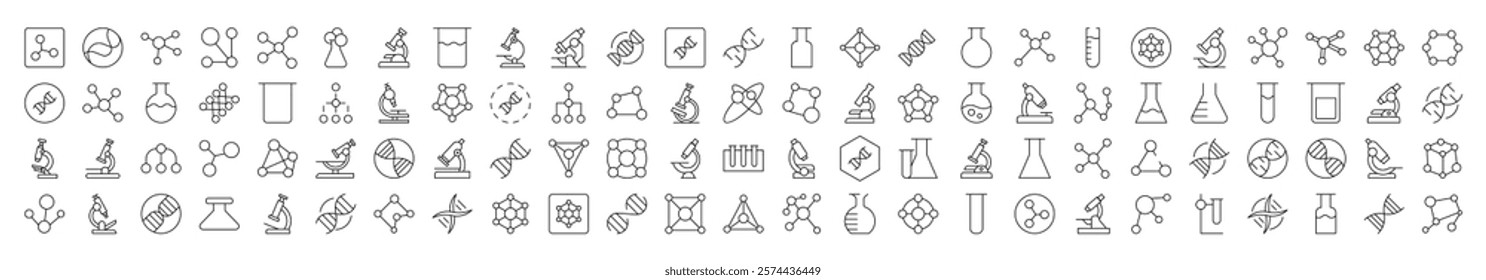 Set of Chemistry Related Line Icons. Editable Stroke for Design, Web Sites, Apps, Cards. Contains Linear Images of Chemical Compound, Laboratory Bulbs, Atom