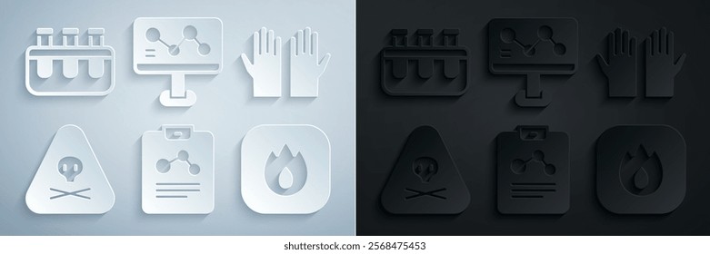 Set Chemistry report, Medical rubber gloves, Triangle warning toxic, Fire flame, Chemical formula and Test tube and flask icon. Vector