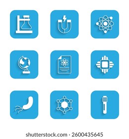 Set Chemistry report, Molecule, Test tube, Processor CPU, Bacteria, Earth globe, Atom and flask on stand icon. Vector