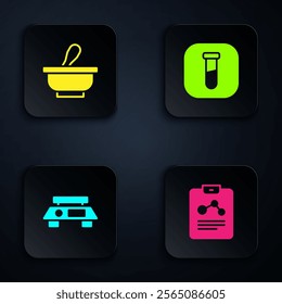 Set Chemistry report, Mortar and pestle, Electronic scales and Test tube flask. Black square button. Vector