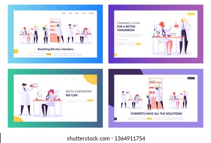 Set of Chemistry Science Landing Page Templates. Scientists Characters Working in Medical Laboratory. Research, Testing Using Lab Equipment as Microscope, Test Tubes. Cartoon Flat Vector Illustration