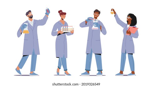 Set of Chemists with Beakers. Chemistry Staff Work, Scientific Technicians Conduct Research or Experiment in Scientific Laboratory. People in Lab Coats Holding Test Tubes. Cartoon Vector Illustration