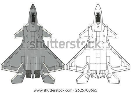 Set chengdu J-20 mighty dragon military aircraft design in line art and colored style from top view. Vector illustrations colorful fighter jet. Outline drawing modern chinese combat aircraft.