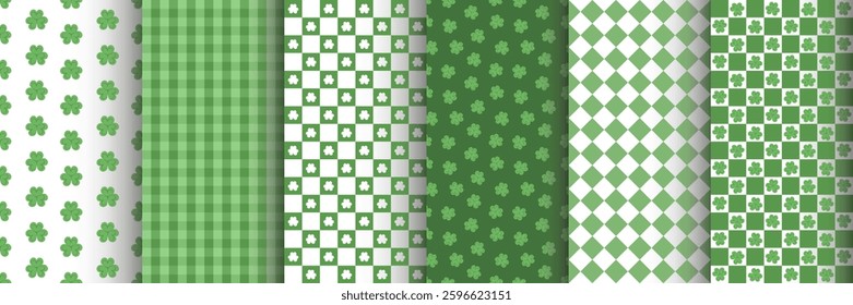 Set of chequered seamless patterns with clover leaves. St. Patrick's Day. Surface design for textile, fabric. Green and white colors.