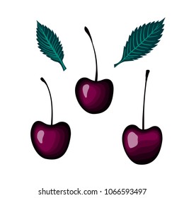 Set Cherries berries with a leaf. Vector illustration isolated on white background.