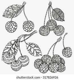 Set of cherries. Hand-drawn, ethnic, floral, retro, doodle, vector, zentangle, tribal design element.  Black and white  background. Made by trace from sketch.