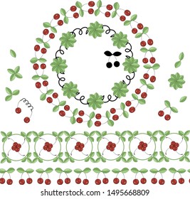 Set Cherries, leaves, circles and squares - round festive frames and borders, cherry seamless vector brush for print. Red cherries, leaves for any design idea: for wallpaper or cherry gift paper. 
