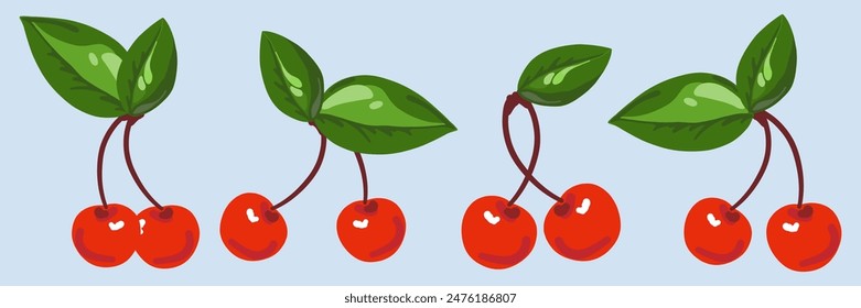 Set of cherries with leaves. Sweet summer bright cherry with green leaf in trendy retro vintage style. Cartoon red fresh food collection. Cute fruit icon. Hand drawn isolated vector illustration