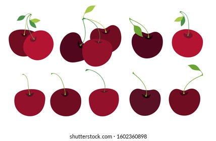 Set of cherries with leaves. Three cherry group, two cherry group and one cherry.