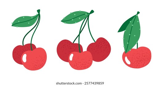 Set of cherries on a white background.Ripe cherry and bunches of cherry, set of tasty healthy red berries with green leaves