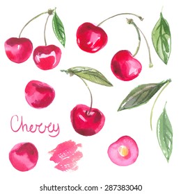 Set cherries painted in watercolor on white background. Berries drawn paint. Vektoryny pattern.