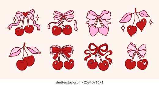 Set of cherries with pretty bows. Cherry Berry with elegant bow knot and ribbon. Coquette aesthetic. Trendy y2k Collection decorative elements. Whimsical clipart. Vector illustration