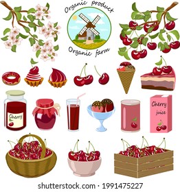Set with cherries and products from them.Vector set with cherries and products from it on a white background in a color illustration.
