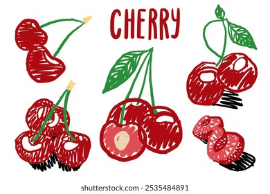 A set of cherries with stems and leaves drawn on them. The cherries are red and the stems are green. The image is a drawing of cherries and the word "cherry" is written below them