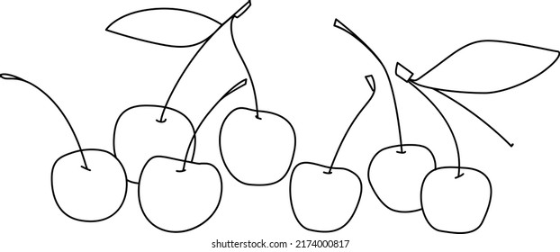 Set of cherries or sweet cherries with leaves and stalks. Linear illustration. Vector.
